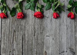 Czerwone róże ułożone na deskach