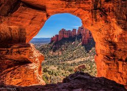 Stany Zjednoczone, Arizona, Sedona, Czerwone, Skały, Krzewy, Formacja skalna