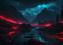 Czerwone światła nad górską rzeką