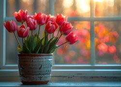 Kwiaty, Tulipany, Czerwone, Doniczka, Okno