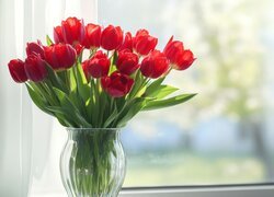 Kwiaty, Tulipany, Czerwone, Wazon, Bukiet, Okno