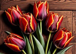 Czerwono-żółte tulipany na deskach