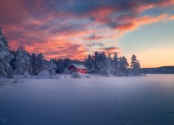 Norwegia, Ringerike, Zima, Drzewa, Las, Dom, Zachód słońca, Chmury