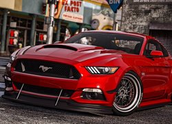 Gra, Grand Theft Auto 5, GTA 5, Ford Mustang GT350, Czerwony, Przód, Ulica