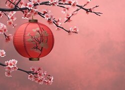 Czerwony lampion zawieszony na ukwieconych gałązkach