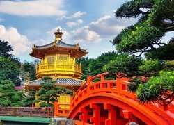 Świątynia, Golden Pavilion Chi Lin Nunnery Temple, Ogród, Chi Lin Nunnery, Most Diamond Hill, Hongkong, Chiny