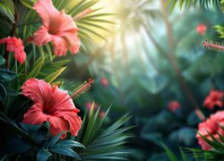 Hibiskus, Kwiaty, Czerwone, Liście, Grafika