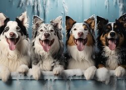 Cztery border collie z wystawionymi językami
