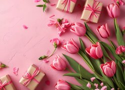 Cztery prezenty i tulipany na różowym tle