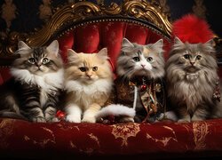 Cztery puszyste koty na czerwonym fotelu