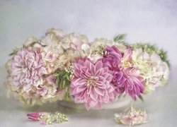 Bukiet, Kwiaty, Dalie, Hortensja, Grafika