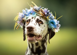 Dalmatyńczyk w wianku z kwiatów na głowie