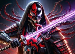 Darth Venom w masce i z płonącym mieczem