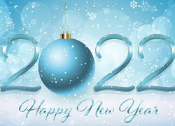 Nowy Rok, Cyfry, 2022, Niebieska, Bombka, Napis, Płatki, Śniegu