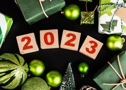 Nowy Rok, 2023, Klocki, Prezenty, Bombki, Czarne, Tło