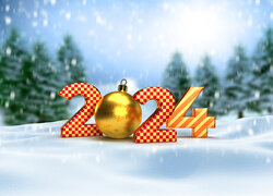 Nowy Rok, Data, 2024, Złota, Bombka, Śnieg, Choinki, Rozmycie
