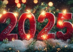 Data 2025 i światełka na świerkowych gałązkach