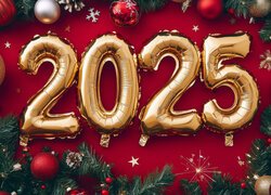 Data 2025 na czerwonym tle otoczona bombkami i świerkowymi gałązkami