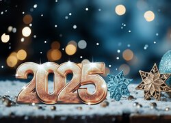 Nowy Rok, 2025, Gwiazdki, Bombki, Śnieg