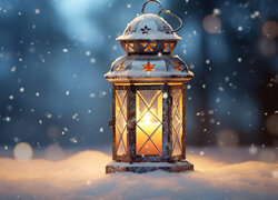 Dekoracyjny lampion z płonącą świeczką na śniegu