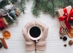 Kawa, Dłonie, Rękawiczki, Świąteczne, Prezenty, Gałązki