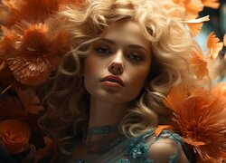 Długowłosa blondynka wśród pomarańczowych kwiatów