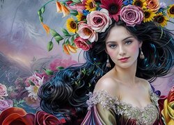 Dziewczyna, Kobieta, Brunetka, Kwiaty, Wianek, Grafika