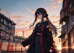 Długowłosa dziewczyna na ulicy miasta w anime