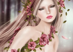 Długowłosa kobieta oplątana kwiatami w grafice 2D