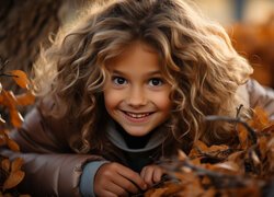 Długowłosa uśmiechnięta dziewczynka leżąca na suchych liściach