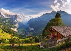 Szwajcaria, Góry, Alpy, Dolina, Lauterbrunnental, Domy, Drzewa, Ogrodzenie