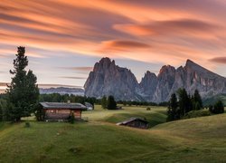 Góry Sassolungo, Dolina Val Gardena, Dolomity, Włochy, Zachód słońca, Domy, Drzewa