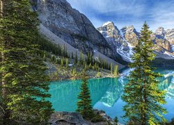 Kanada, Alberta, Park Narodowy Banff, Jezioro Moraine, Dolina Valley of the Ten Peaks, Dolina Dziesięciu Szczytów, Las, Drzewa, Góry, Odbicie