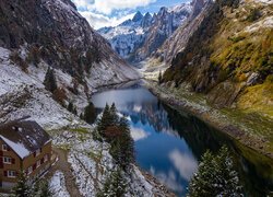 Góry Alpstein, Śnieg, Jezioro, Falensee, Dom, Drzewa, Szwajcaria