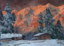 Dom i szopa na tle gór na obrazie austriackiego malarza Aloisa Arneggera