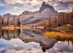 Dom i zrudziałe modrzewie nad jeziorem Federa w Dolomitach