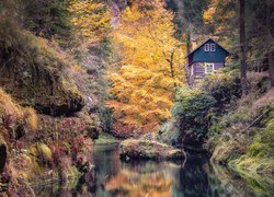 Las, Drzewa, Jesień, Skała, Dom, Rzeka Kamienica, Park Narodowy Czeska Szwajcaria, Czechy