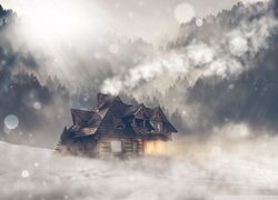 Dom na skraju zimowego lasu we mgle