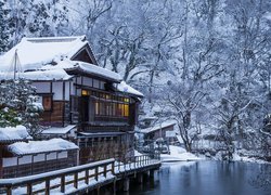 Japoński, Dom, Drzewa, Zima, Śnieg, Rzeka