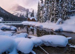 Dom pod ośnieżonym lasem nad jeziorem Emerald Lake