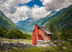 Dom, Góry, Drzewa, Kamienie, Dolina, Valle Verzasca, Szwajcaria