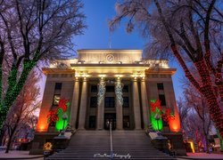 Stany Zjednoczone, Arizona, Prescott, Dom, Courthouse, Drzewa, Noc, Oświetlenie