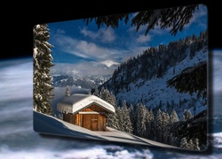 Dom w zimowym górskim lesie w 4D