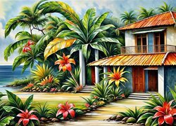 Dom wśród palm i kwiatów