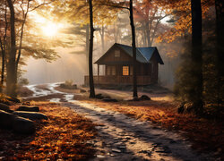 Dom z werandą pod jesiennymi drzewami w słonecznym blasku
