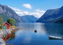 Góry, Dom, Łódki, Fiord, Norwegia