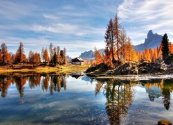 Domek i zrudziałe drzewa nad jeziorem w Dolomitach