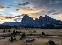 Domki i drzewa w dolinie Val Gardena i góry Sassolungo w tle