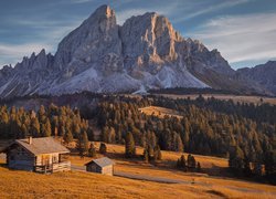 Domki i lasy na tle Dolomitów