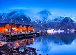 Wybrzeże, Lofoty, Wioska, Góry, Mgła, Norwegia